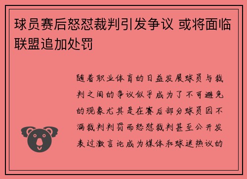 球员赛后怒怼裁判引发争议 或将面临联盟追加处罚 球员赛后怒怼裁判引发争议 或将面临联盟追加处罚